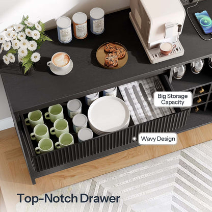 Coffee station with a top-notch drawer featuring mugs and a wavy design.
