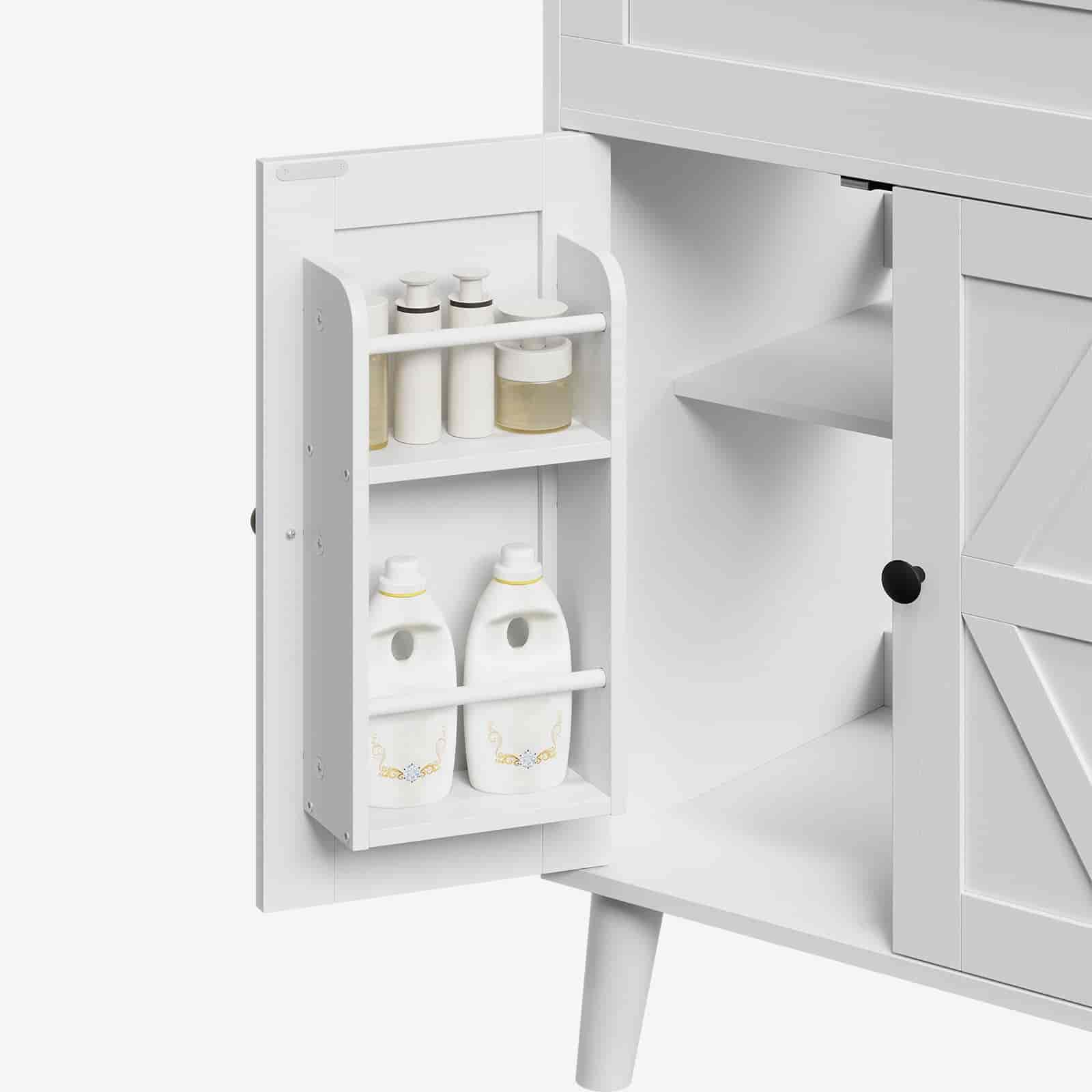 White cabinet with open door displaying cleaning supplies on a white background