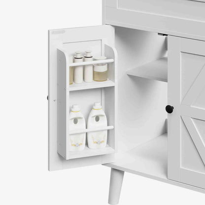 White cabinet with open door displaying cleaning supplies on a white background