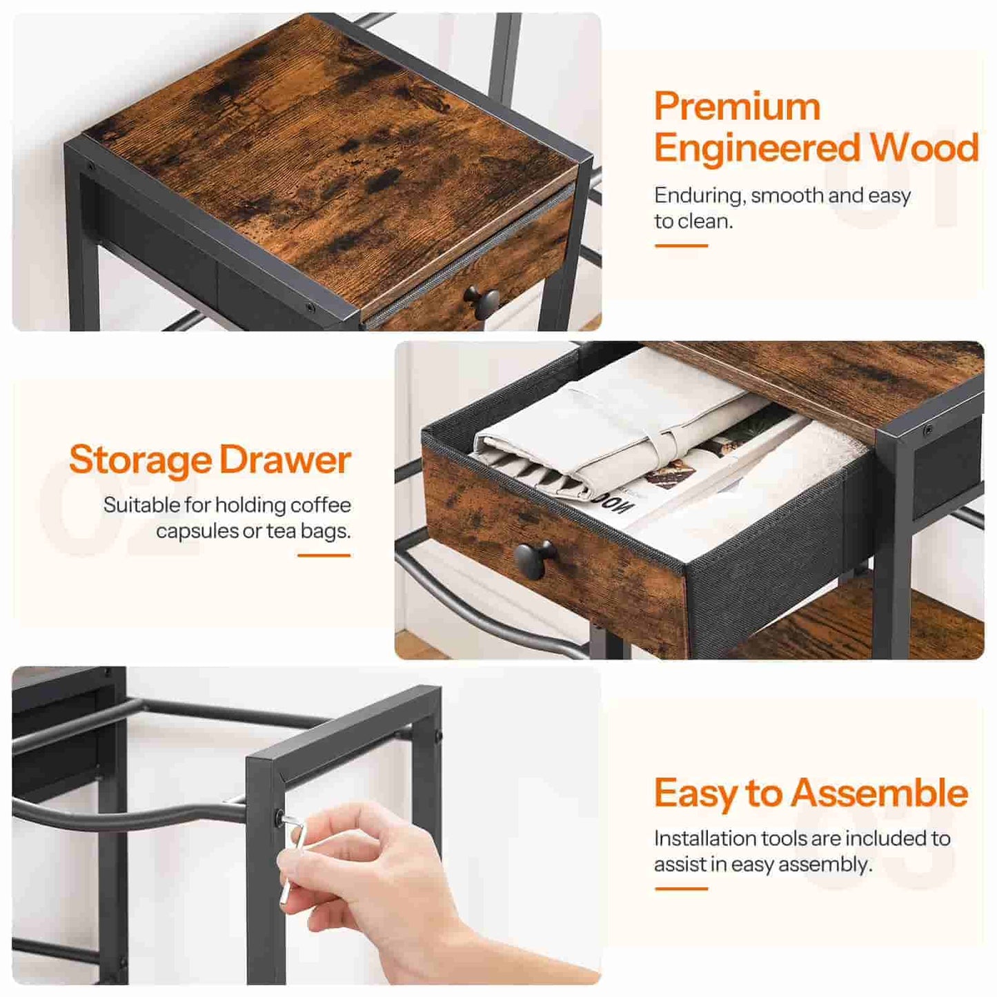 Wooden side table with storage drawer, highlighting features like premium engineered wood, storage capacity, and ease of assembly.