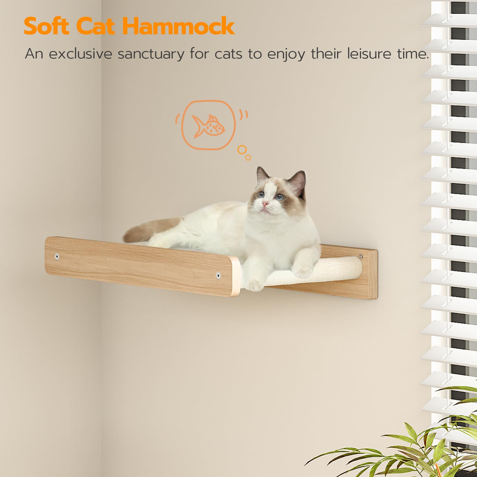 Cat sitting on a wooden cat hammock with text describing it as an exclusive sanctuary for cats.