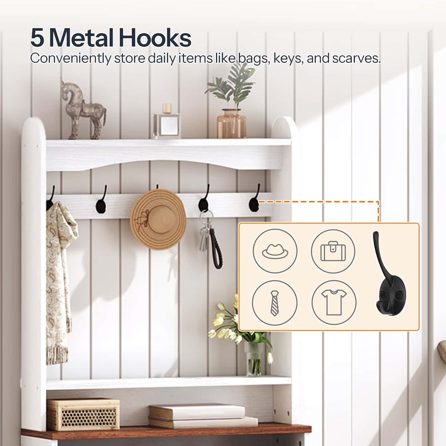 White wall-mounted storage unit with hooks and shelves, featuring daily items like bags, keys, and scarves.