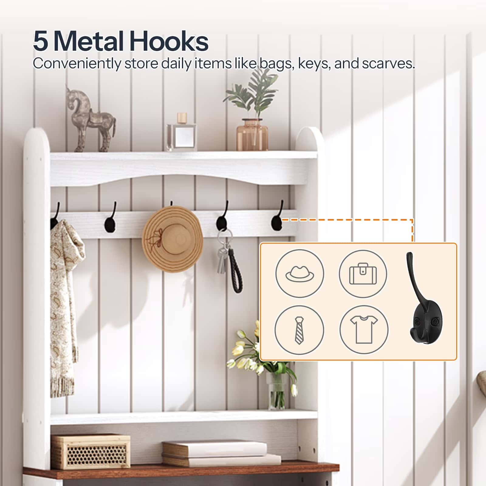 White wall-mounted storage unit with hooks and shelves, featuring daily items like bags, keys, and scarves.
