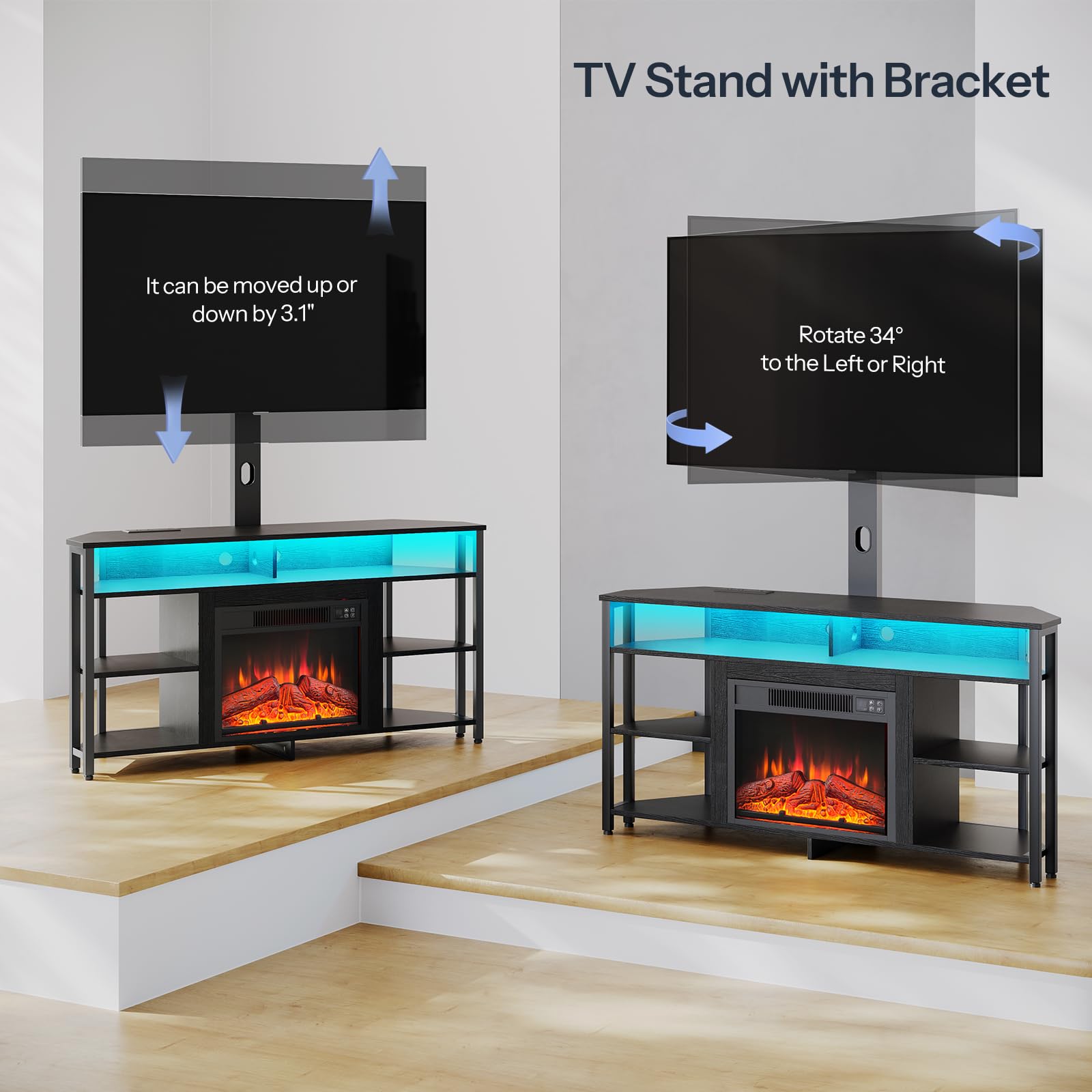 TV stand with bracket showing adjustable features on a neutral background