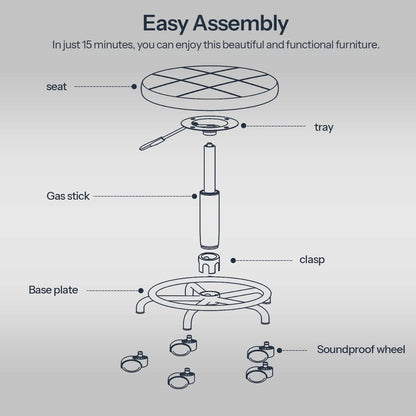 Diagram of a furniture assembly process with labeled parts on a gray background