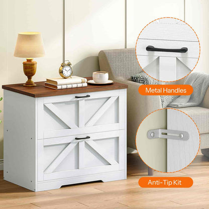 White nightstand with wooden top in a living room setting, featuring metal handles and anti-tip kit.
