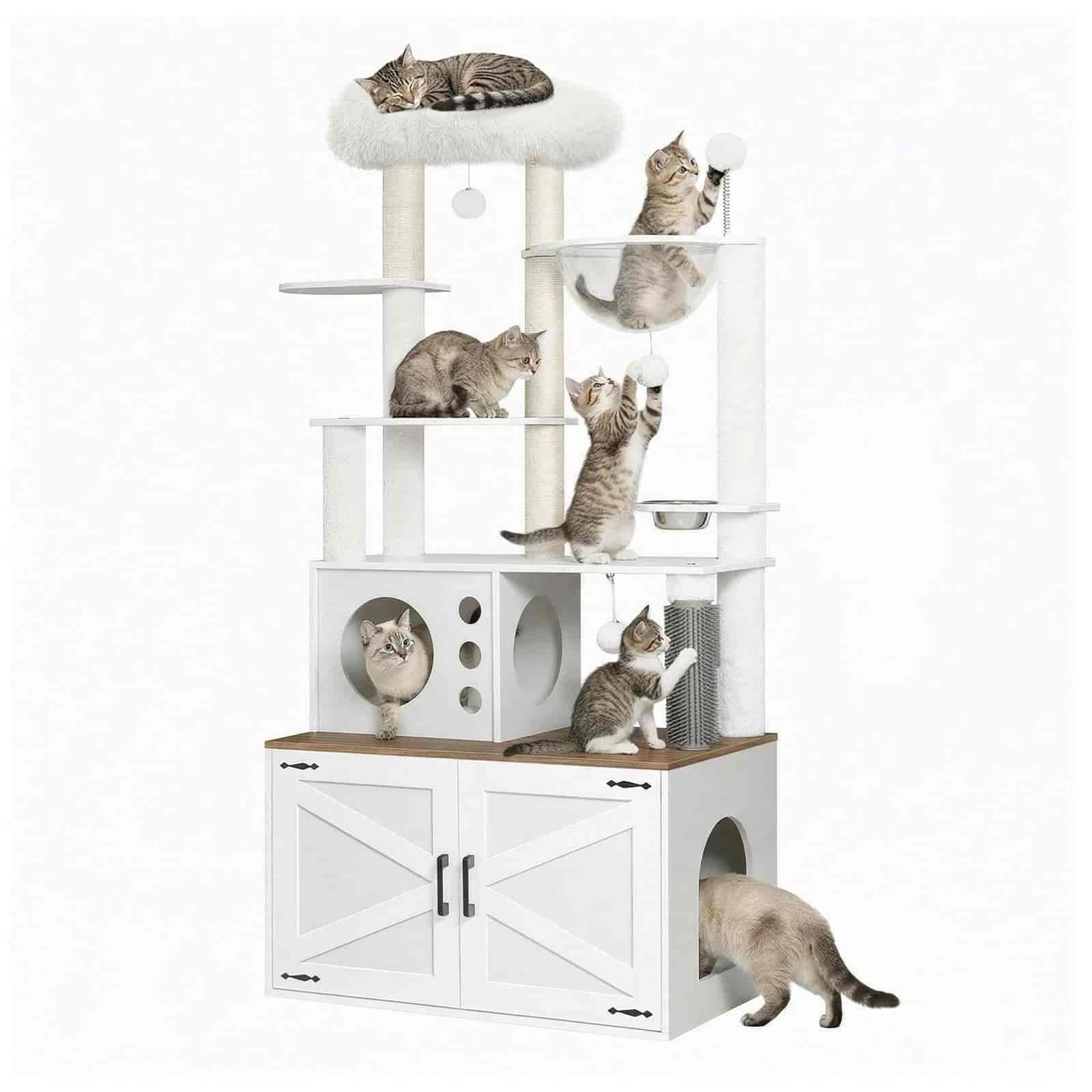Cat tree with multiple levels and a wooden platform, featuring several cats on different parts of the structure.
