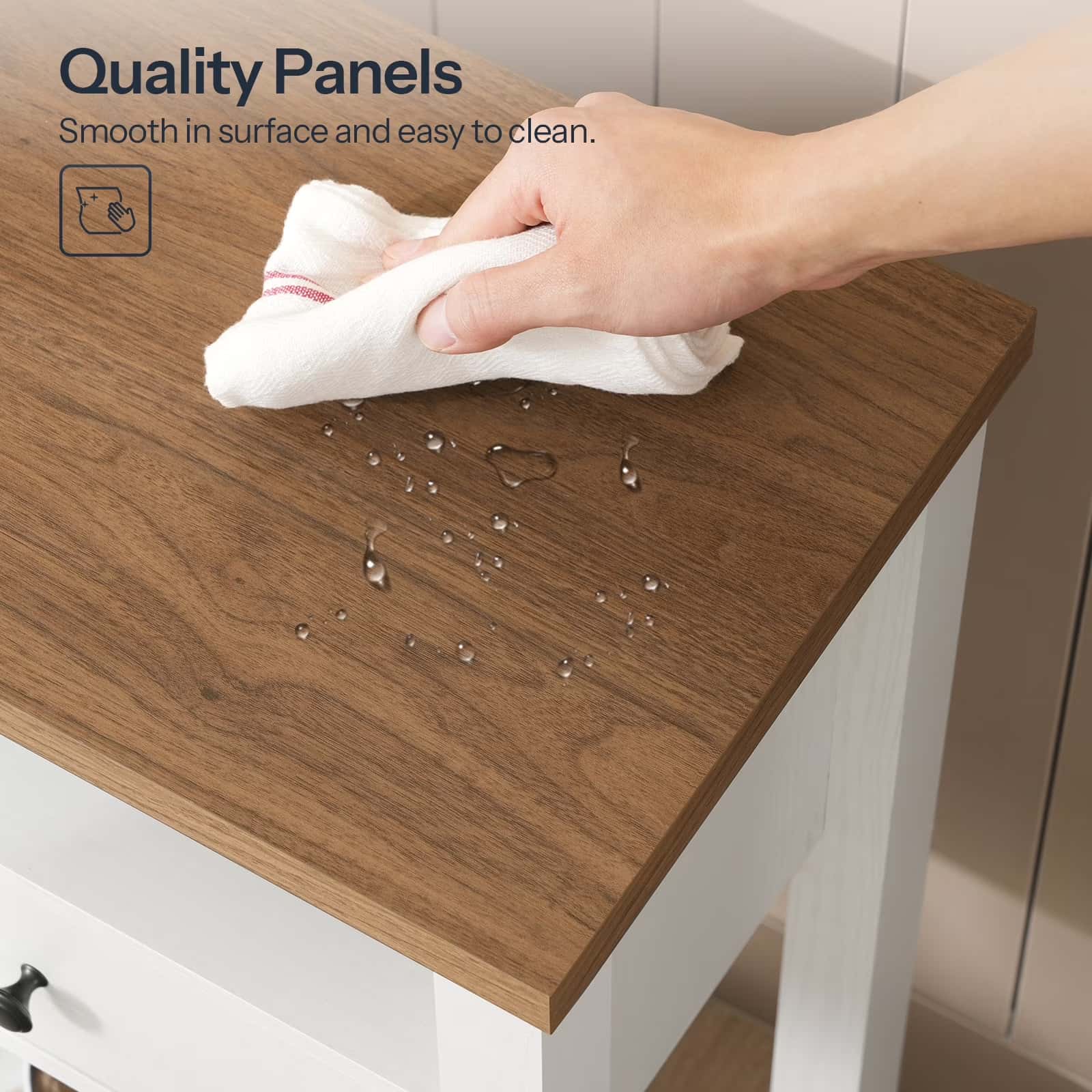Hand cleaning a wooden surface with a cloth, emphasizing smoothness and ease of cleaning.