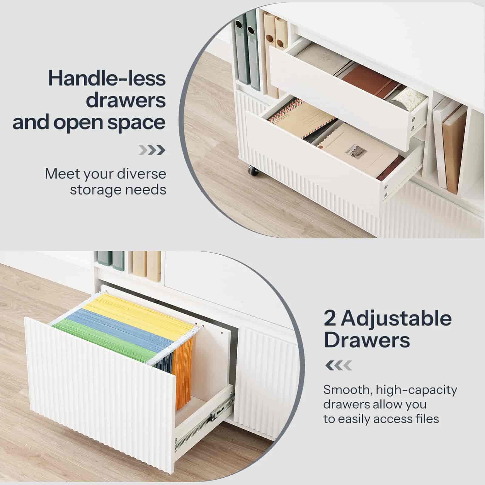 White storage unit with open drawers on a wooden floor, highlighting handle-less design and adjustable drawers.