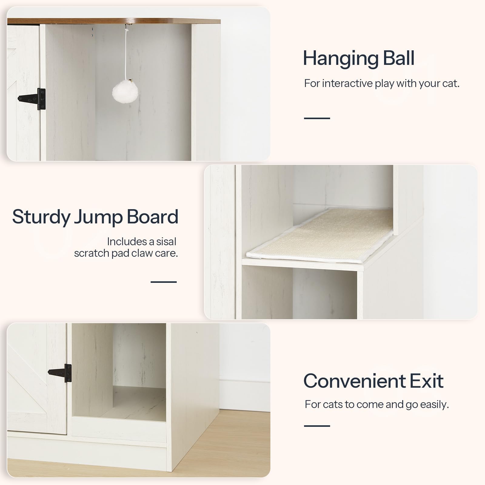 White cat play structure with features highlighted on a white background
