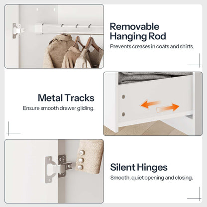 Product features including a removable hanging rod, metal tracks, and silent hinges on a white background.