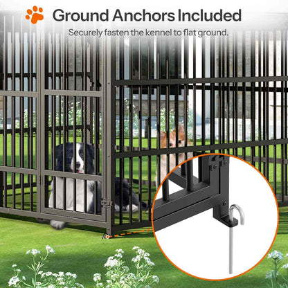 Dog kennel with ground anchors included, showing a dog inside and an inset of the anchor system.