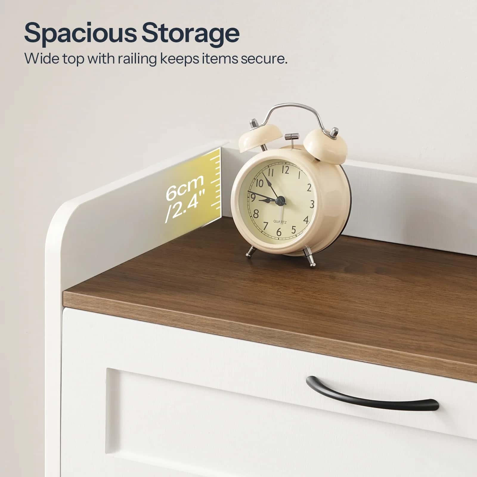 White shelf with wooden top holding a beige alarm clock, text indicating spacious storage.