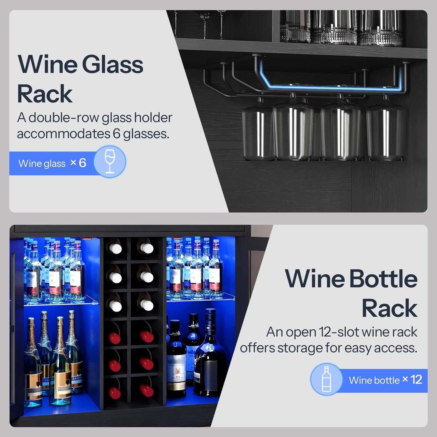 Wine glass rack and wine bottle rack with product details and illustrations.
