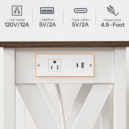 Close-up of a desk with power outlets and ports labeled, on a white background.