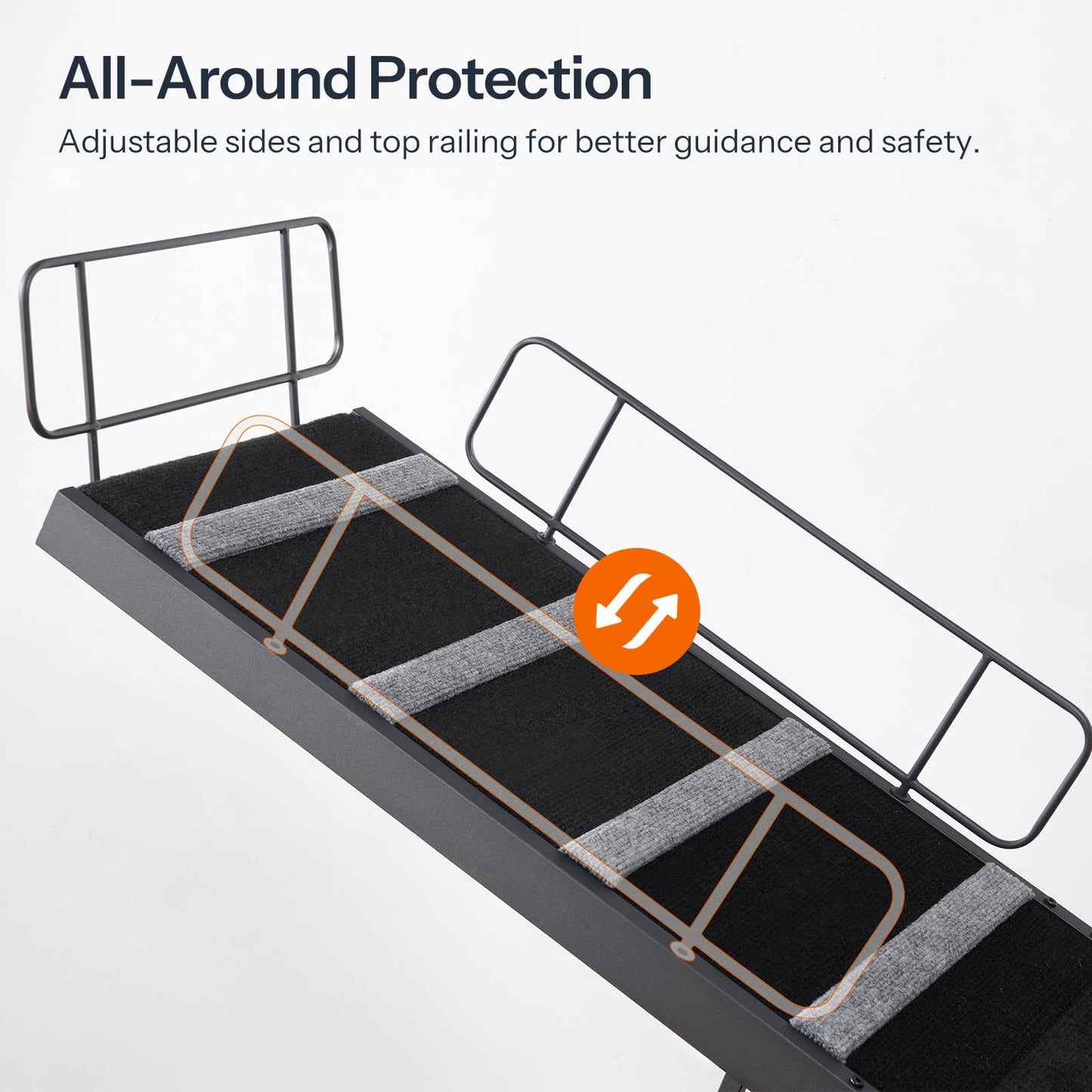 Ramp with adjustable sides and top railing for safety and guidance on a white background