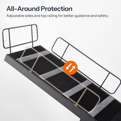 Ramp with adjustable sides and top railing for safety and guidance on a white background