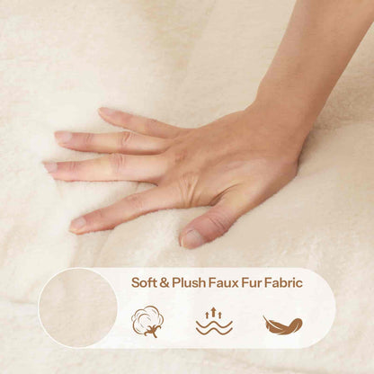 Hand touching soft faux fur fabric with product feature label.