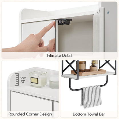 Bathroom cabinet with a hand opening it, showing a rounded corner design and bottom towel bar.