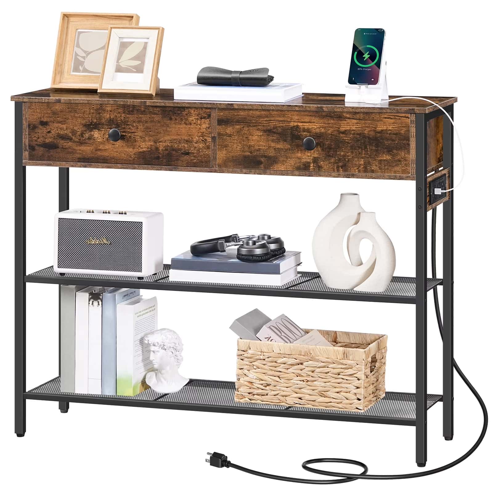 Wooden console table with two drawers and three shelves, displaying various items on a white background.
