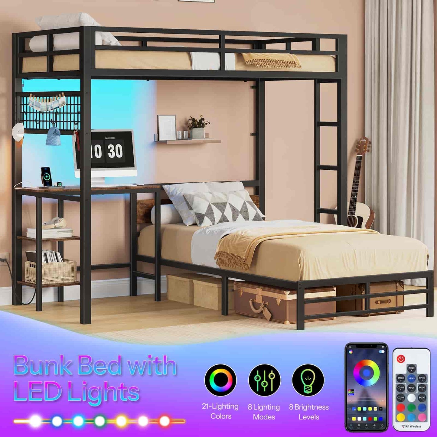 Bunk bed with LED lights in a room setting, featuring a smartphone app interface.