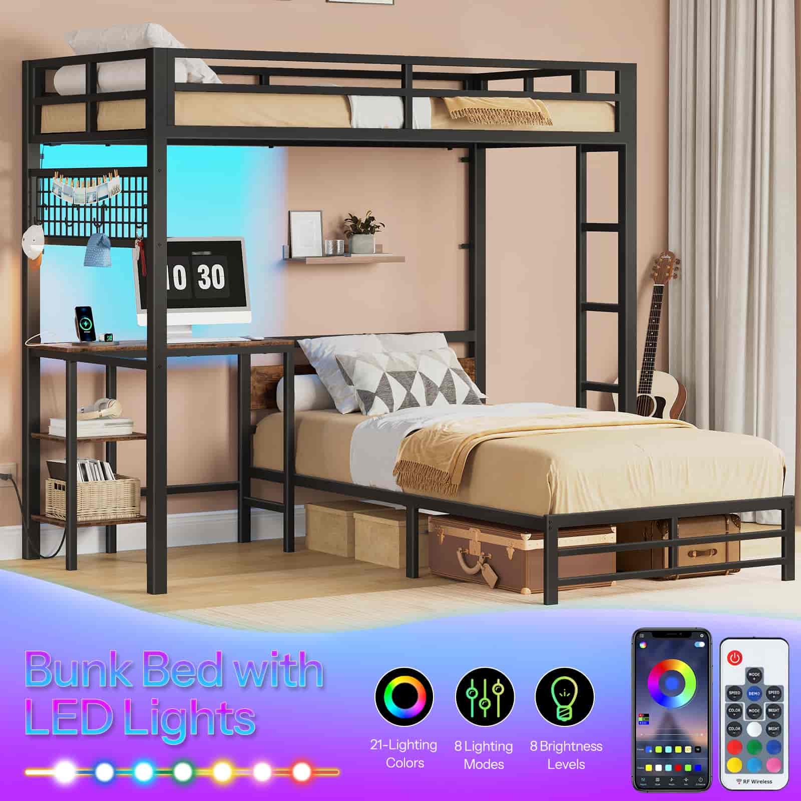 Bunk bed with LED lights in a room setting, featuring a smartphone app interface.
