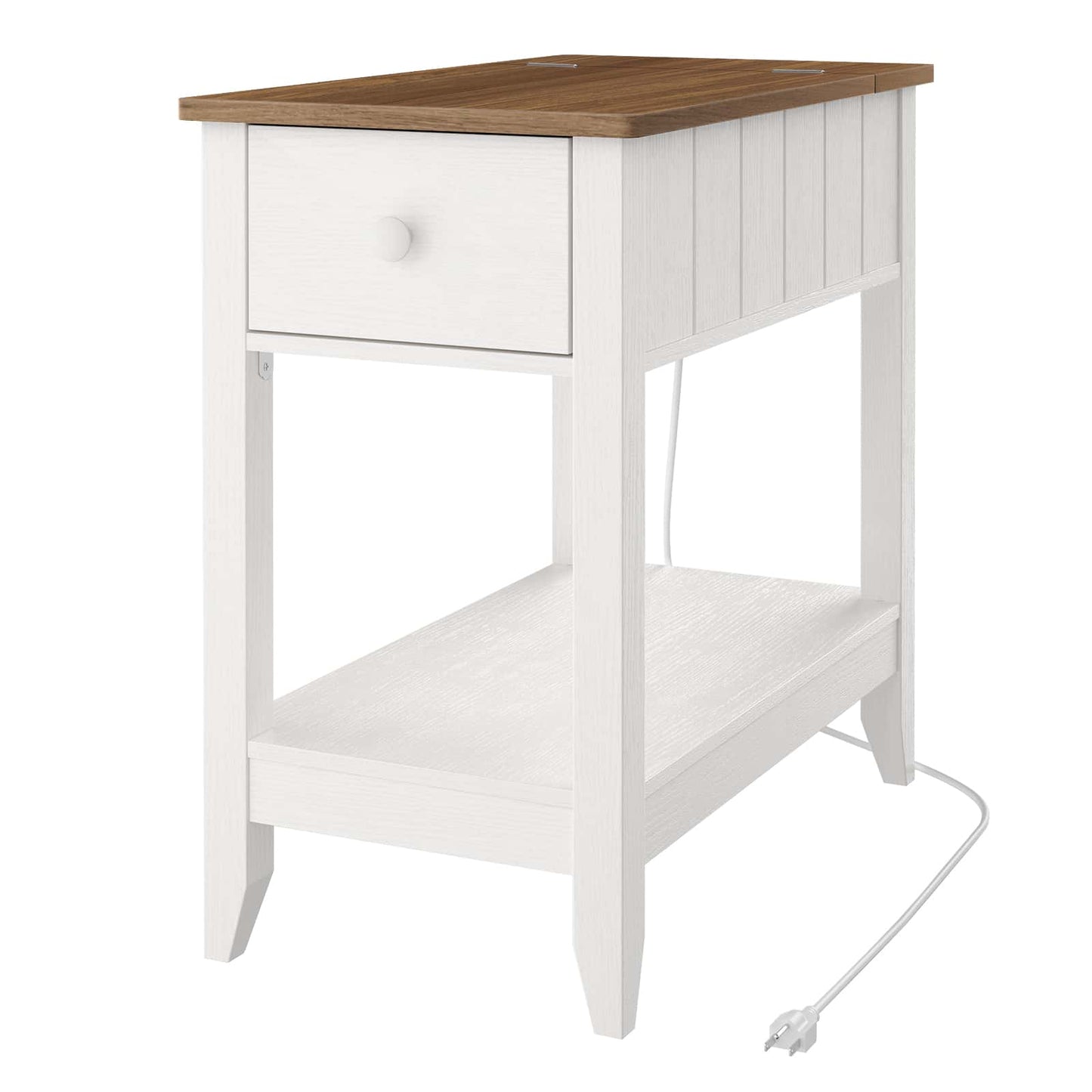 White side table with a wooden top on a white background