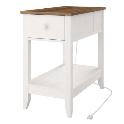 White side table with a wooden top on a white background