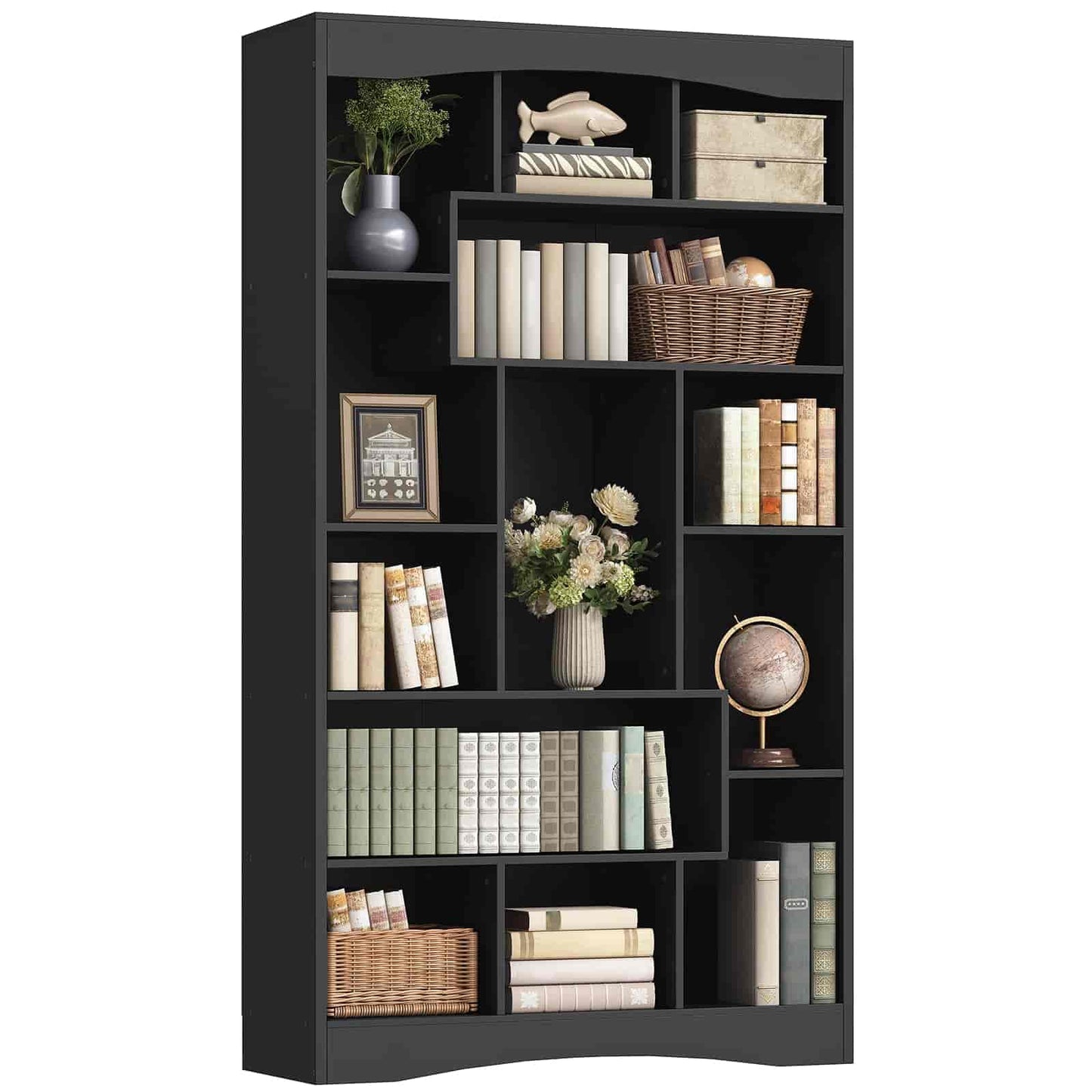 Black bookshelf with various decorative items on a white background