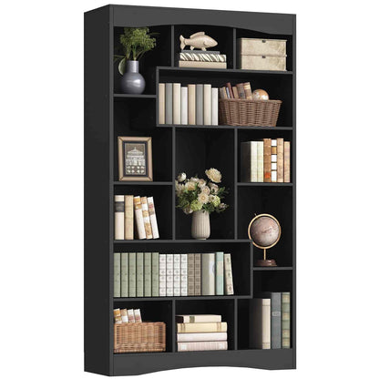 Black bookshelf with various decorative items on a white background