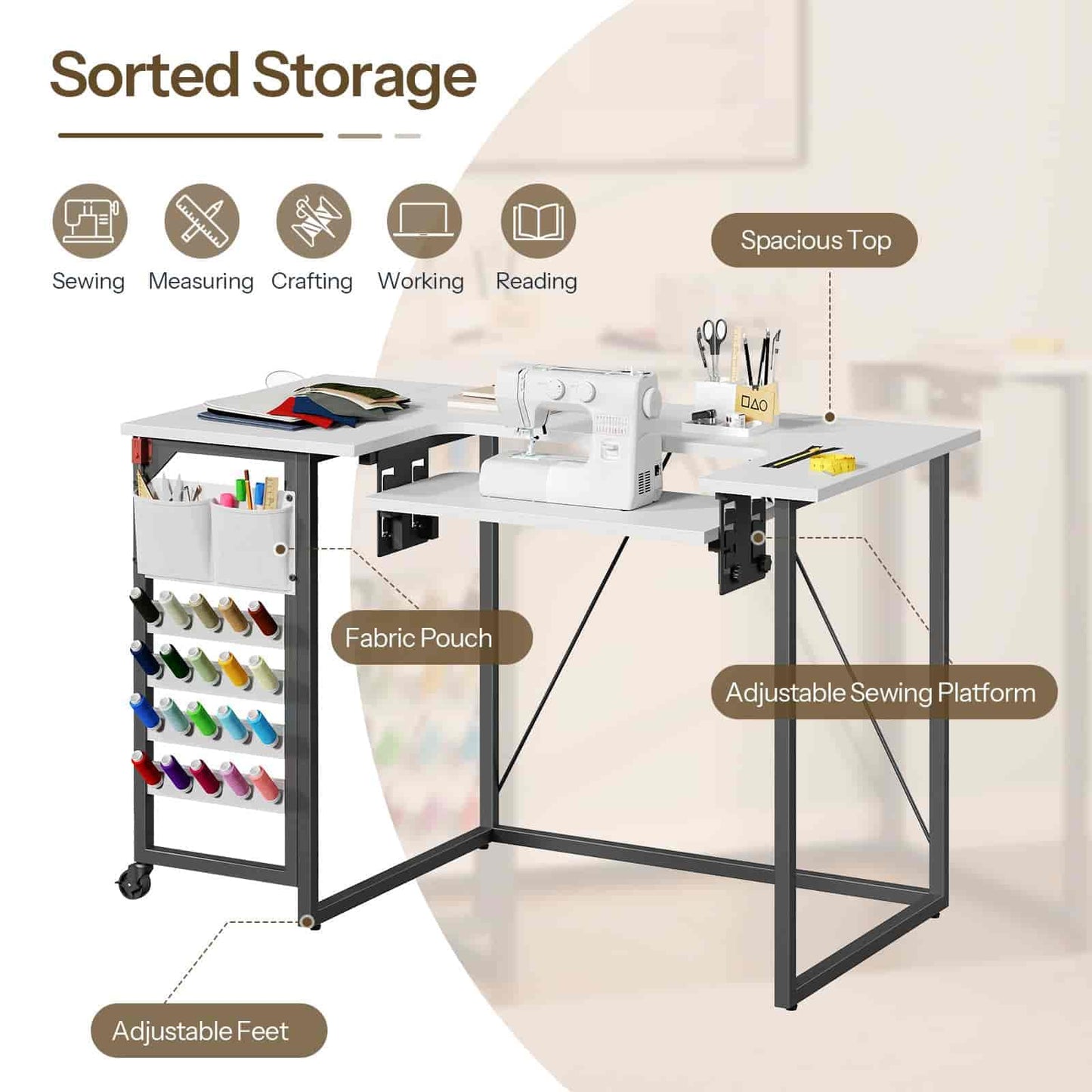 Corner sewing table with various compartments and tools on a light background