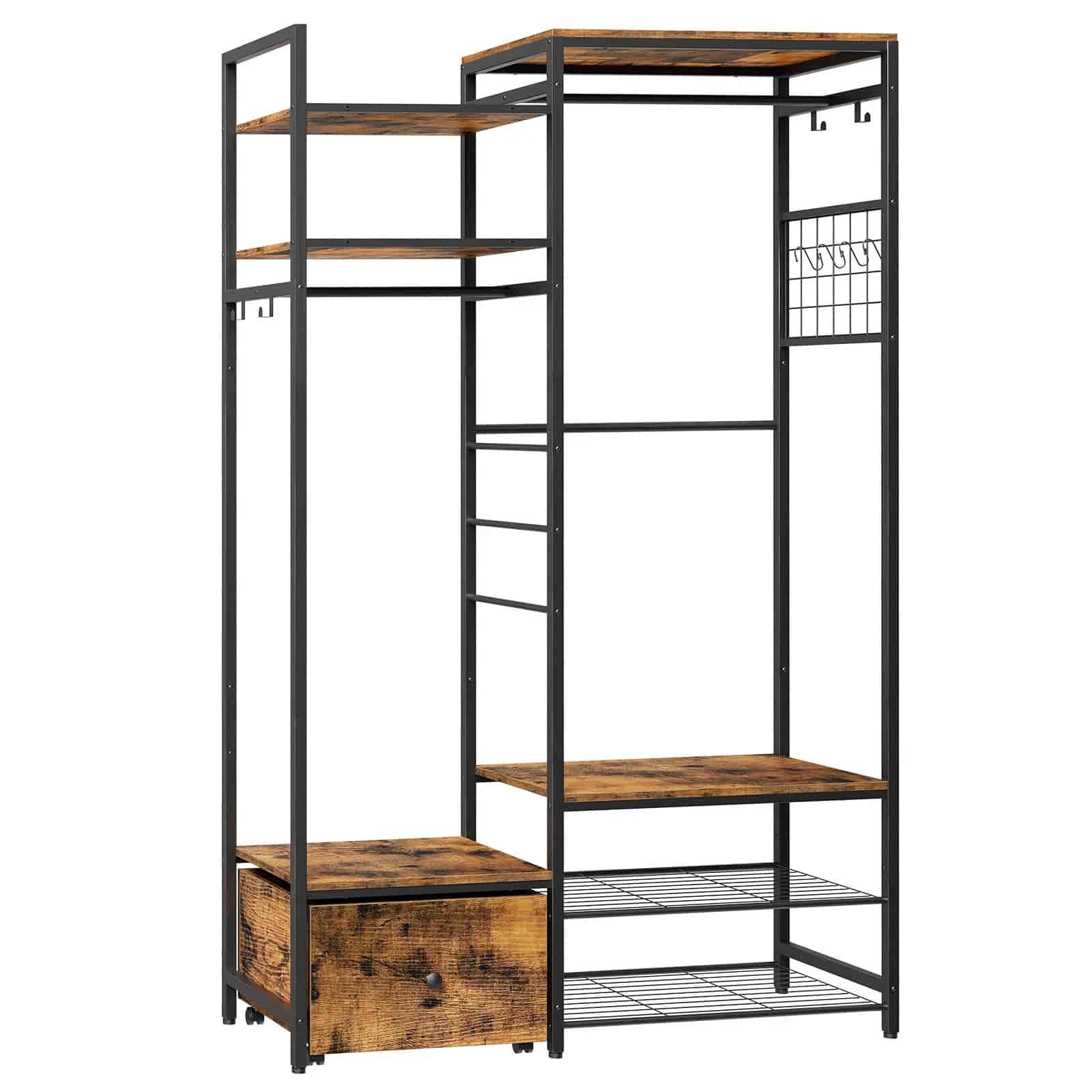 Multilevel shelving unit with wooden shelves and metal frame on a white background