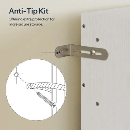 Anti-tip kit for securing furniture with a close-up diagram on a beige background