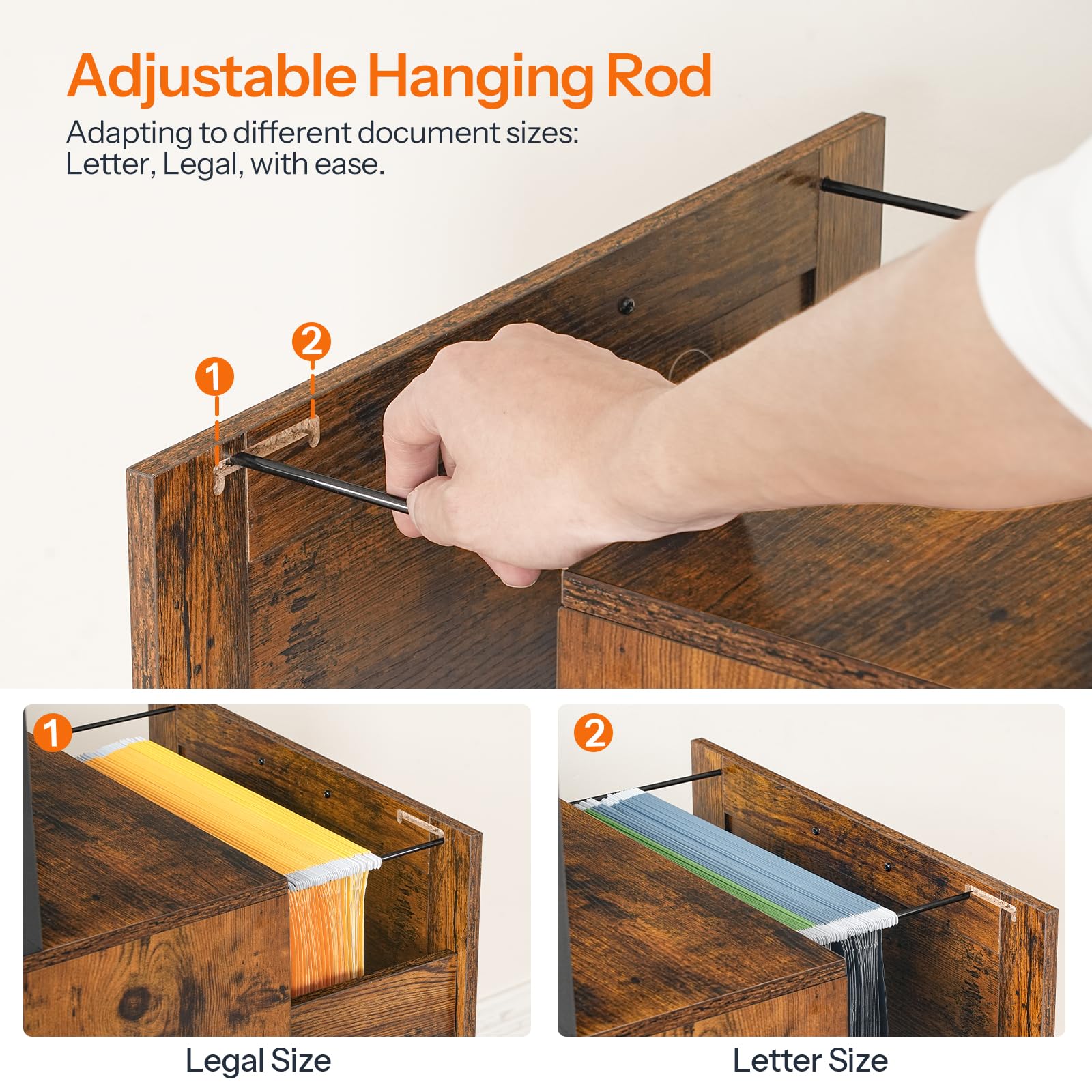 Adjustable hanging rod for document storage with a hand demonstrating its use on a wooden surface.