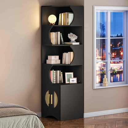 Black corner bookshelf with decorative items against a wall with a window view.