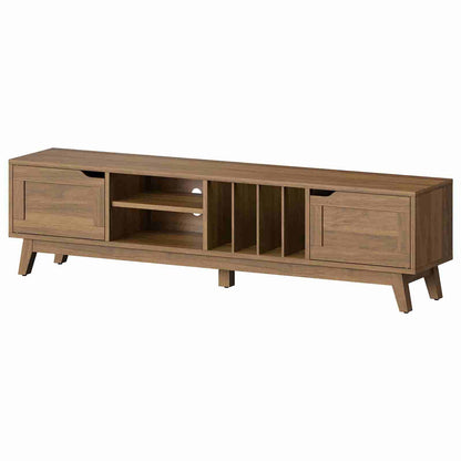 Wooden TV stand with open shelves on a white background