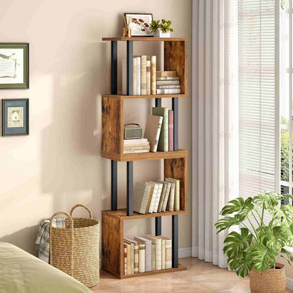 Wooden bookshelf with books and decor items in a room with a bed, basket, and plant.