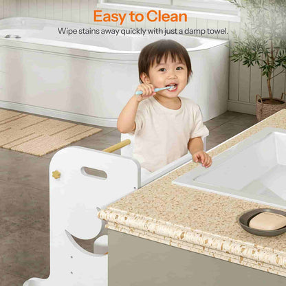 Child brushing teeth in a bathroom with text about easy cleaning.