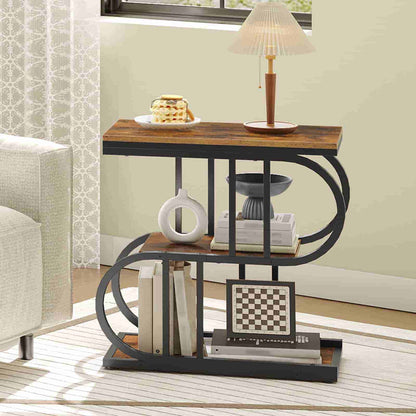 Three-tiered side table with books, a vase, and a chessboard in a living room setting.
