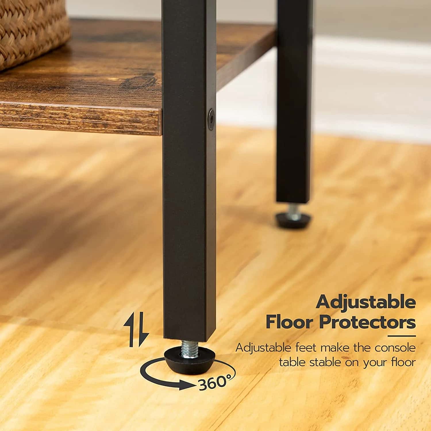 Wooden console table with adjustable floor protectors on a wooden floor