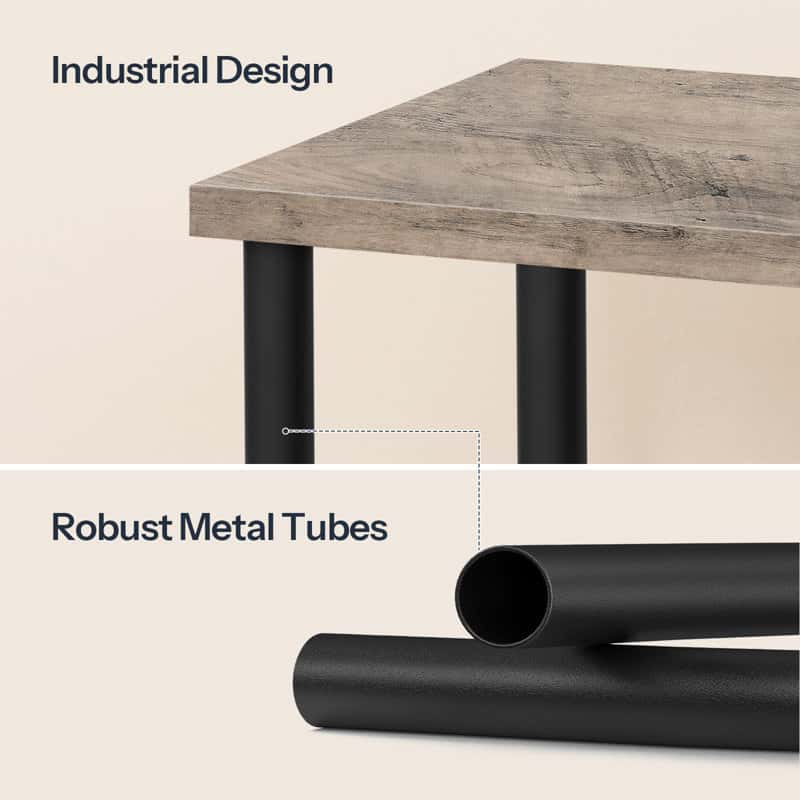 Table with wooden surface and black metal legs, featuring industrial design and robust metal tubes.