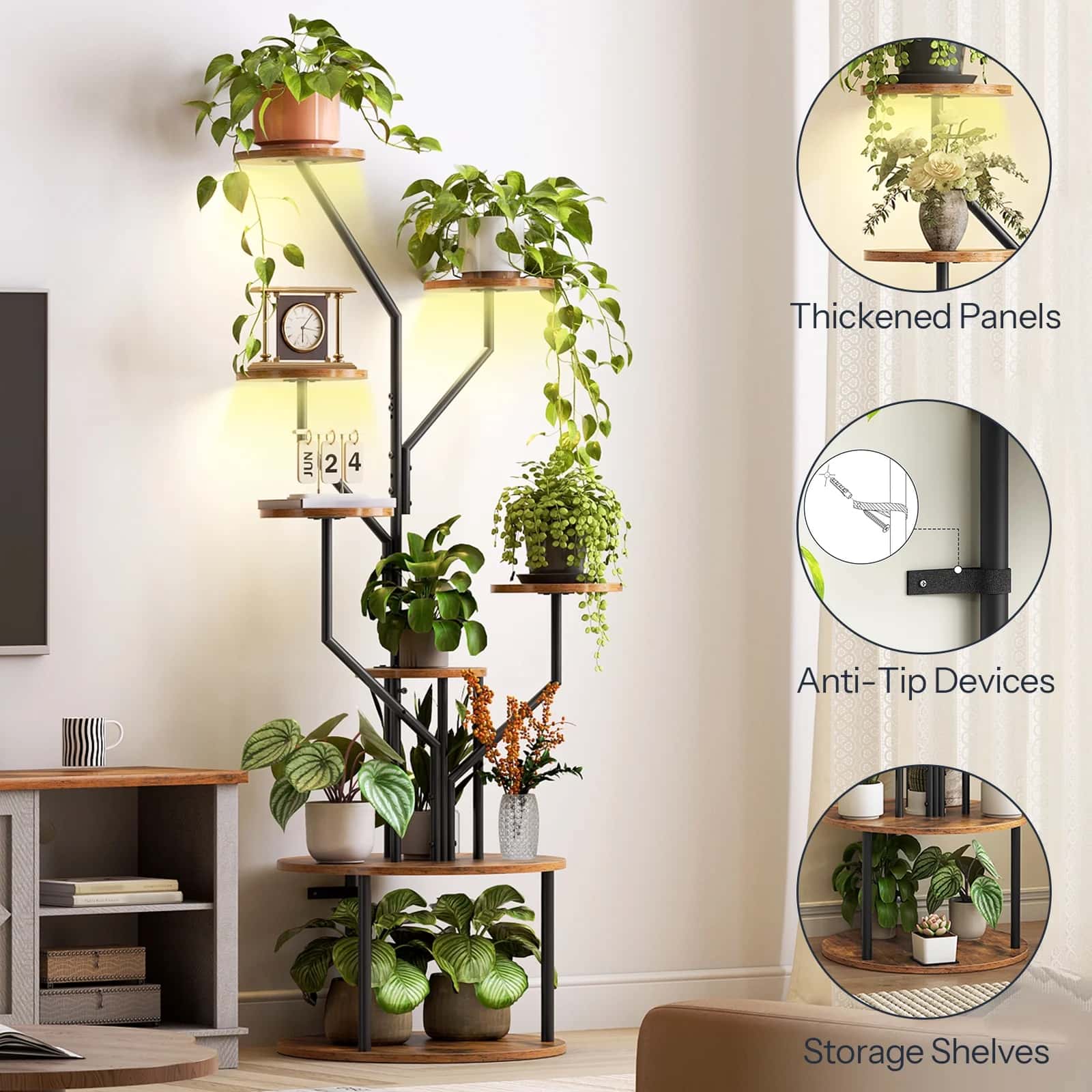 Room divider with plants and shelves, featuring thick panels, anti-tip devices, and storage shelves.