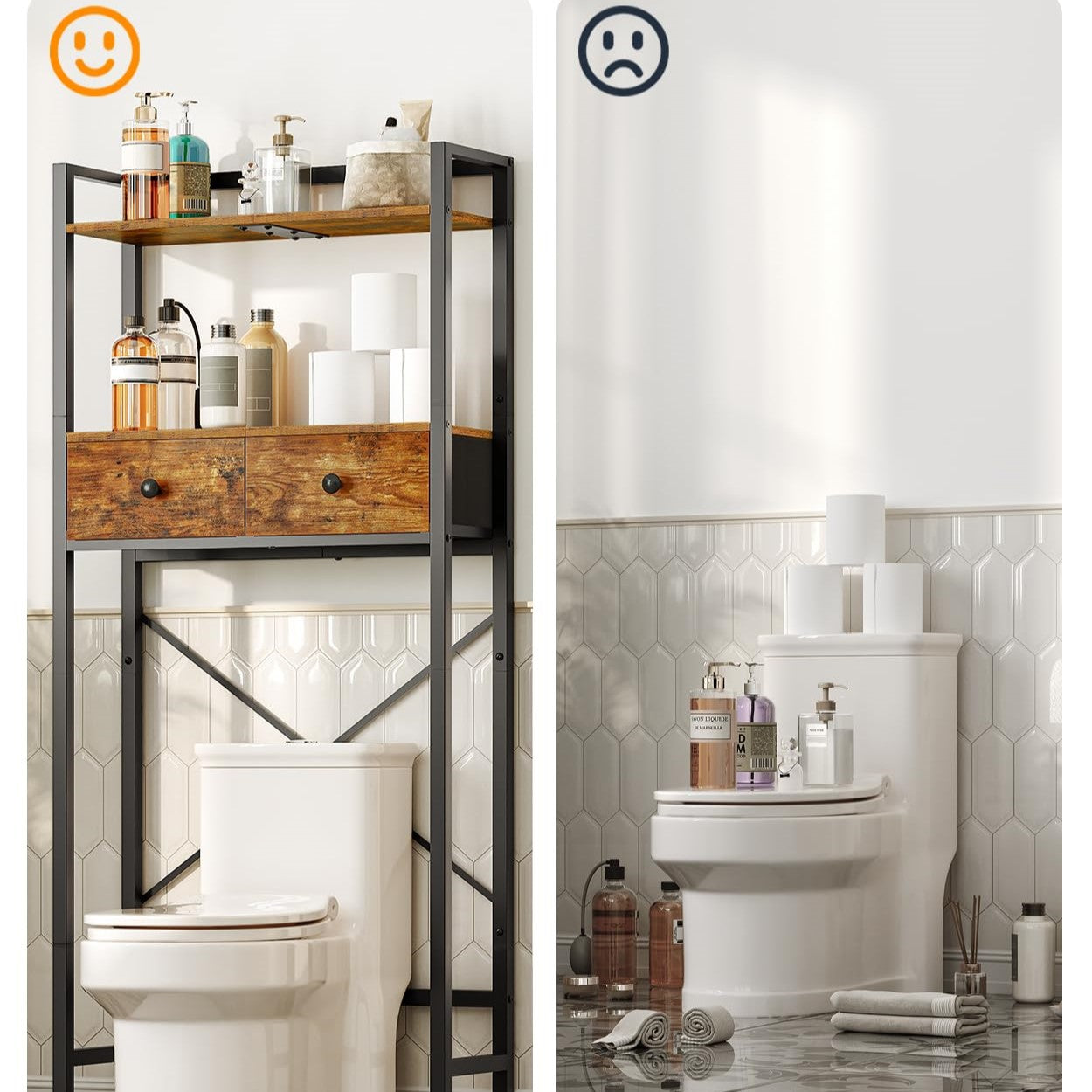 HOOBRO Retro Brown Toilet Above Shelf with 2 Drawers & 3 Shelves Bathroom Storage Rack