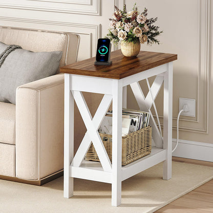 Small wooden side table with white base in a living room setting.