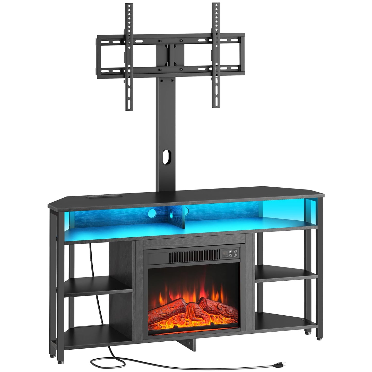 Corner TV stand with electric fireplace and LED lighting on a white background