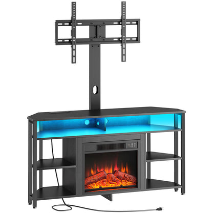Corner TV stand with electric fireplace and LED lighting on a white background