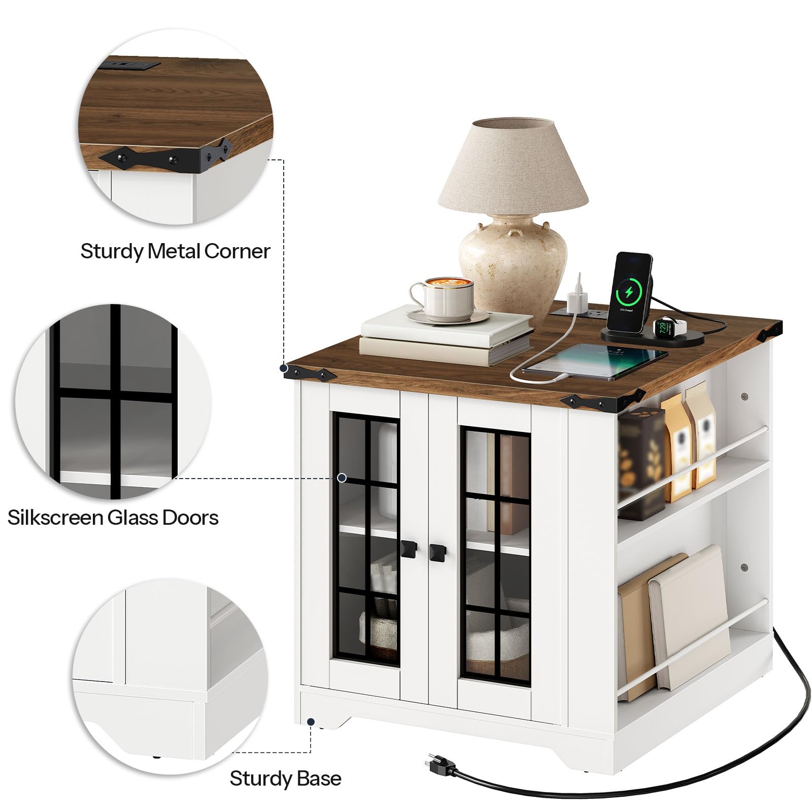 Side table with wooden top and white base, featuring glass doors and metal corner.