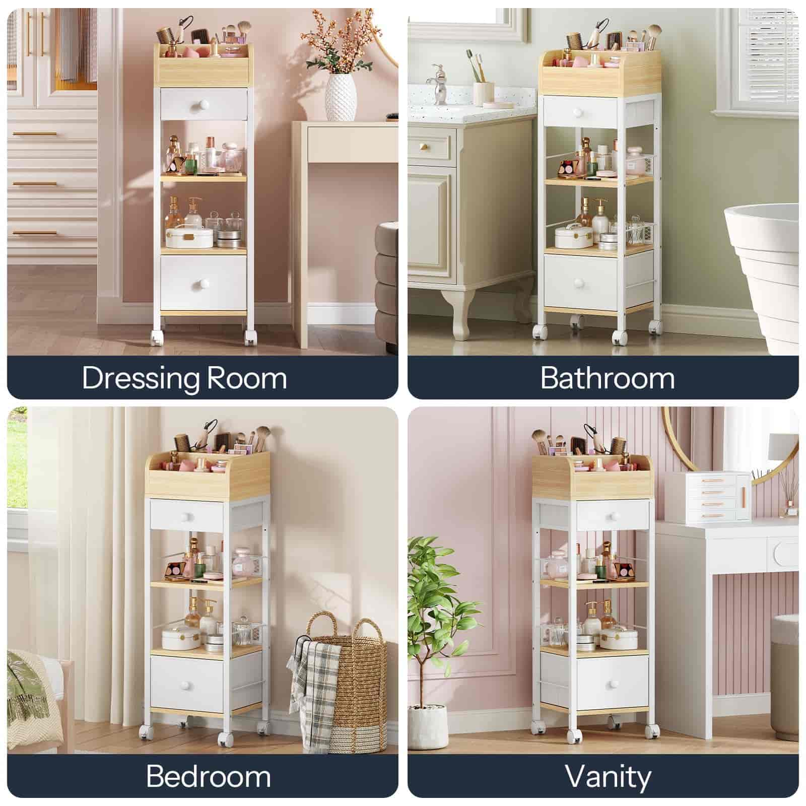 Multi-functional storage cart shown in various rooms including a dressing room, bathroom, bedroom, and vanity.