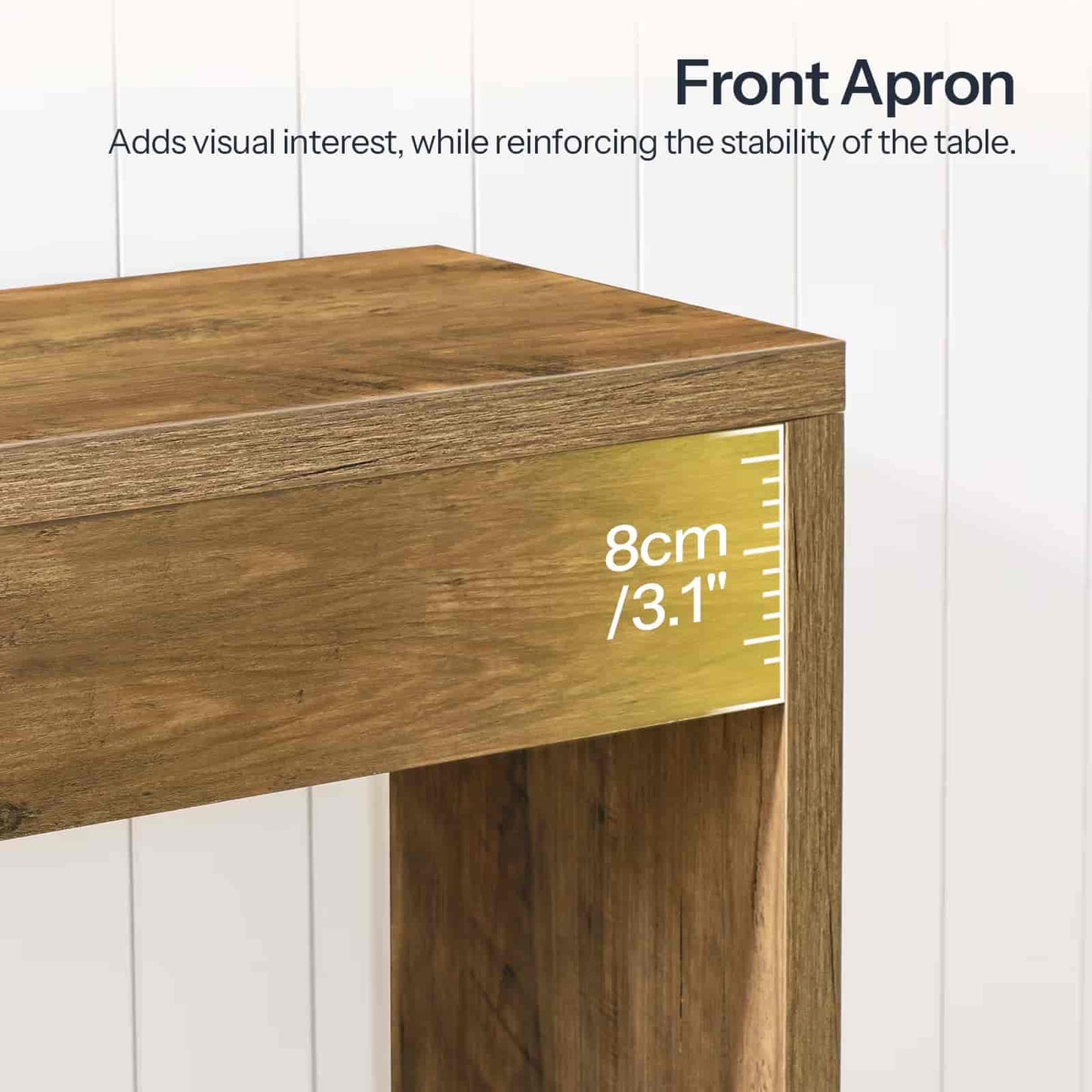 Wooden table with front apron detail on a white background