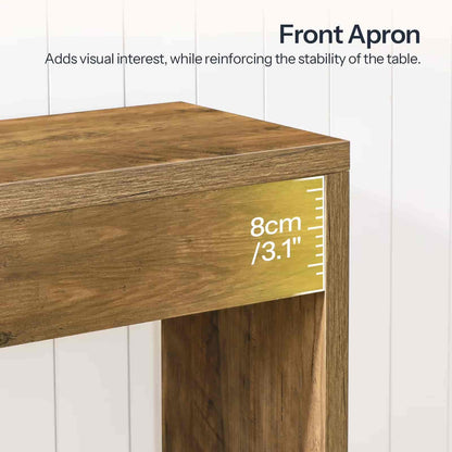 Wooden table with front apron detail on a white background